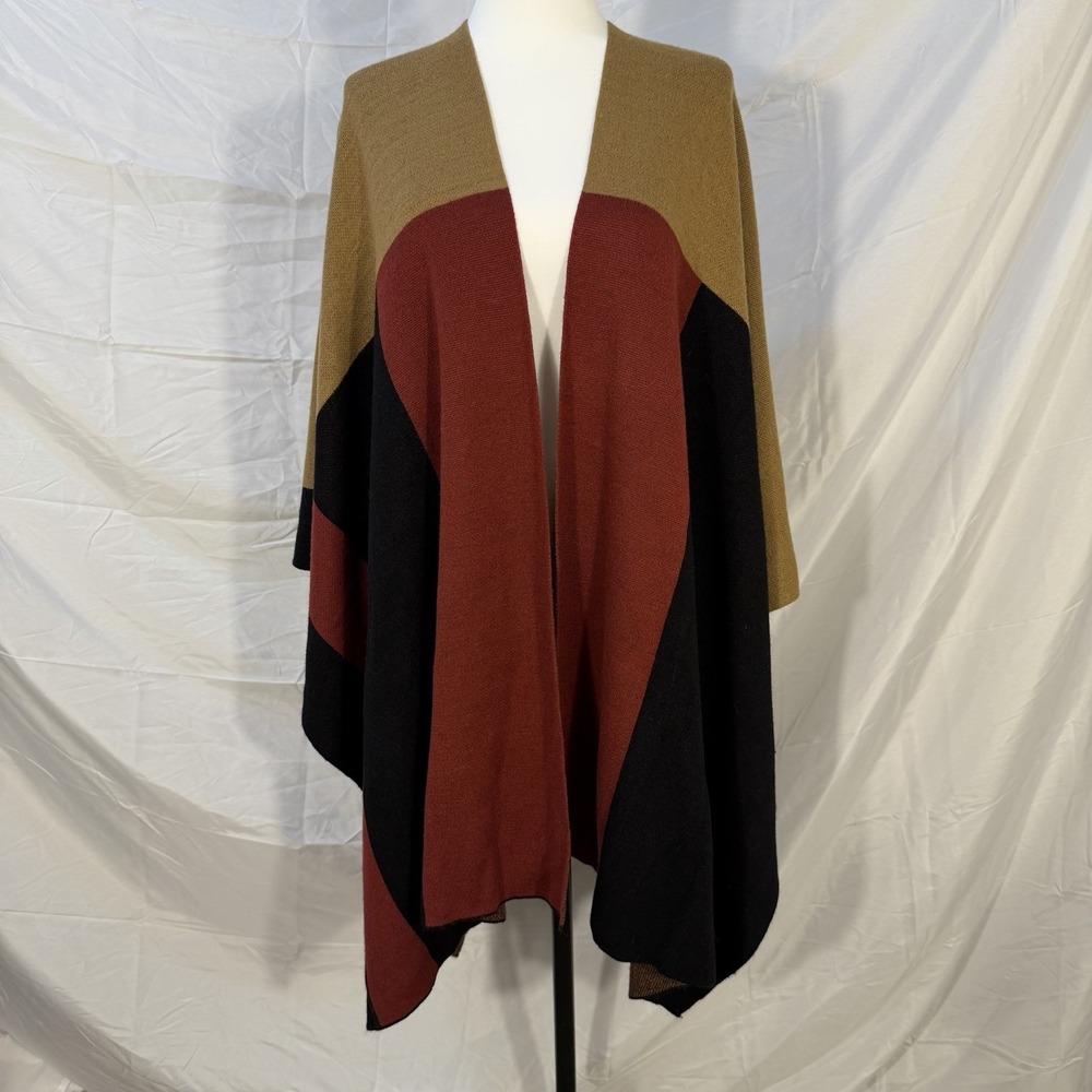 Adrienne Vittadini Poncho Ruana One Size Colorblock Knit Wrap Cape Open Front